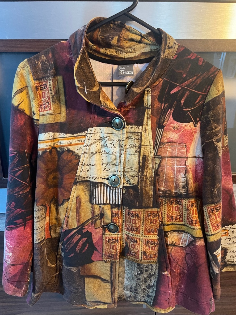 Women's Patchwork-Print Button Jacket in Red, Gold & Brown